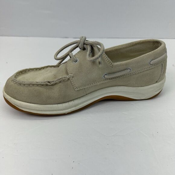 Lands End Boat Shoes Women's 7B Beige Leather Cushioned Insole Casual Slip On - Picture 13 of 14